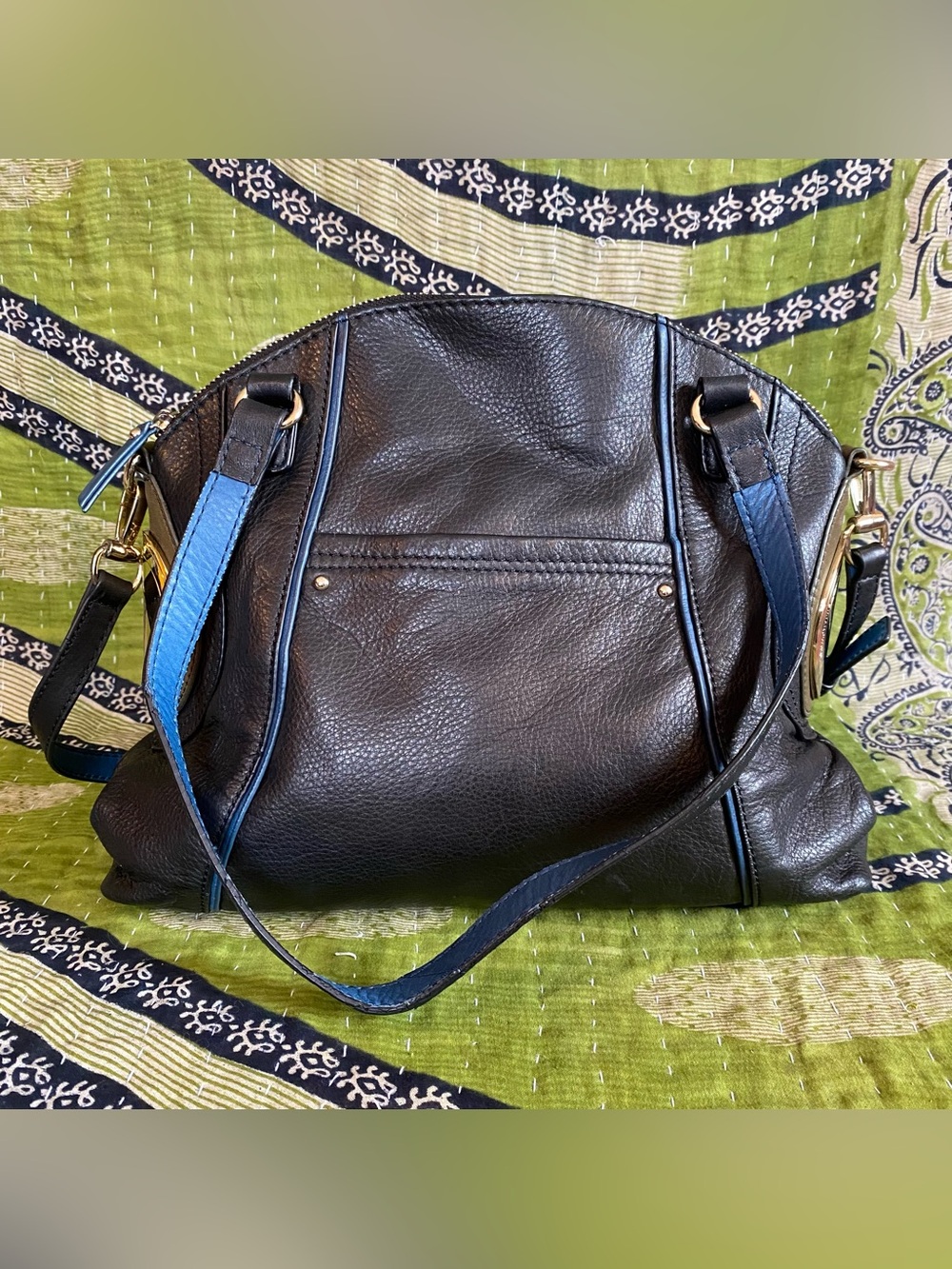 B Makowsky Black/ Blue Downtown Pebbled Leather Crossbody Satchel Purse - Picture 3 of 16